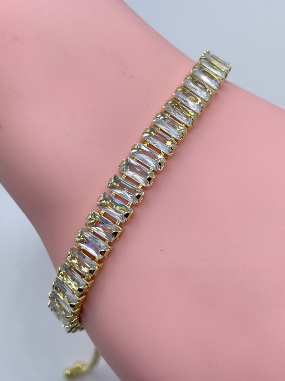 Swarovski Crystal Element Diamond White Baguette Tennis Bracelet Gold Adjustable